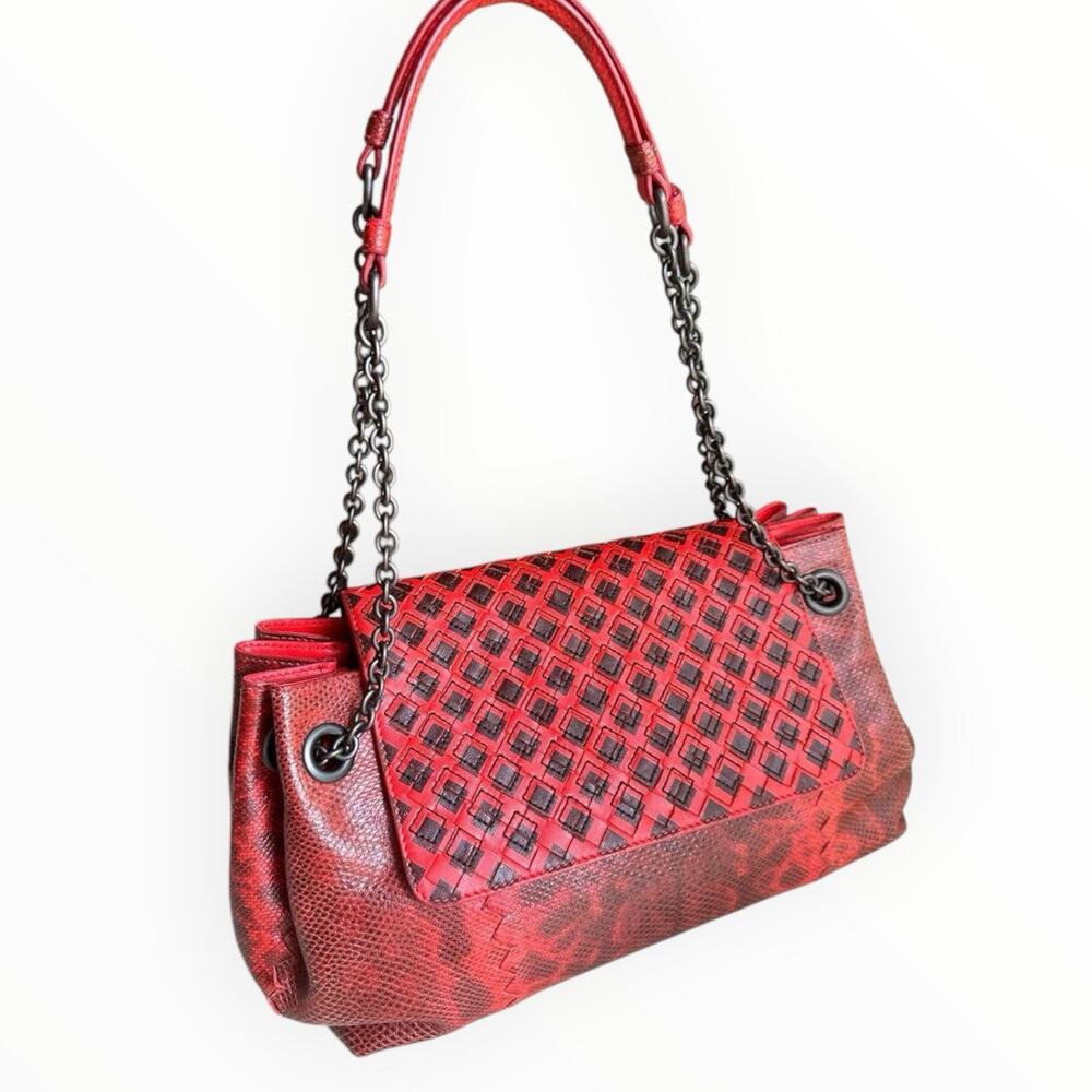 Python Leather Red Shoulder Bag With Chain Strap - Picture 9 of 12